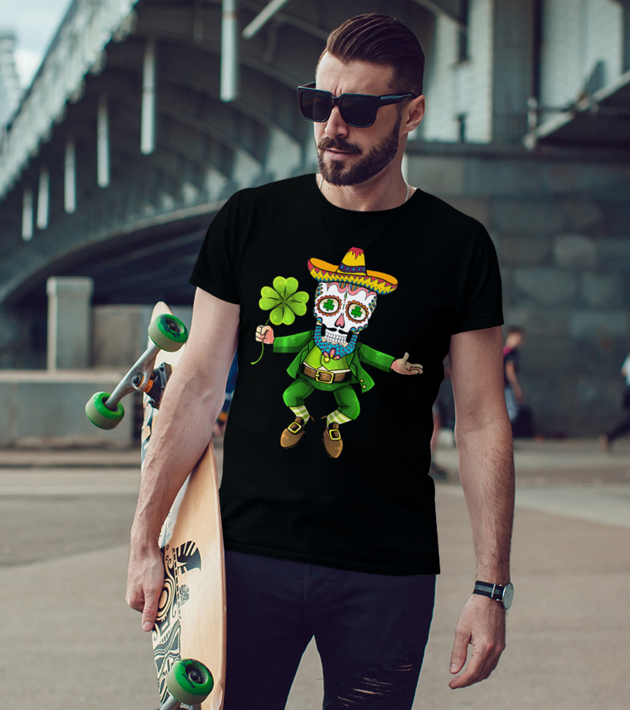 Cinco De Mayo Leprechaun Sugar Skull Sombrero And Shamrock T-Shirt