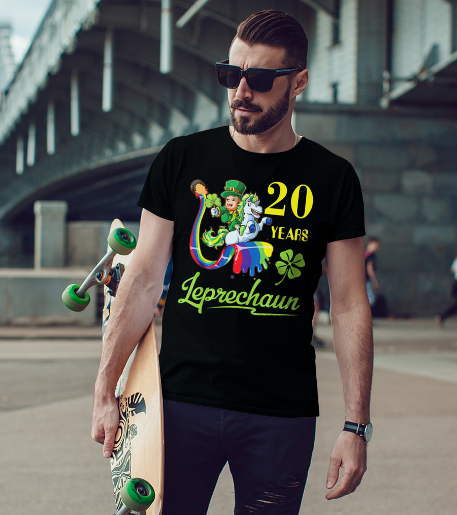 20 Years Leprechaun Riding Unicorn Rainbow Shamrock T-Shirt