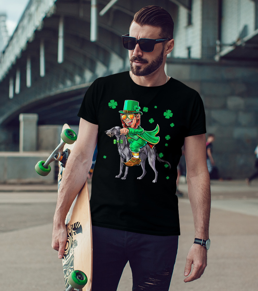 Leprechaun Riding Scottish Deerhound With Shamrocks T-Shirt