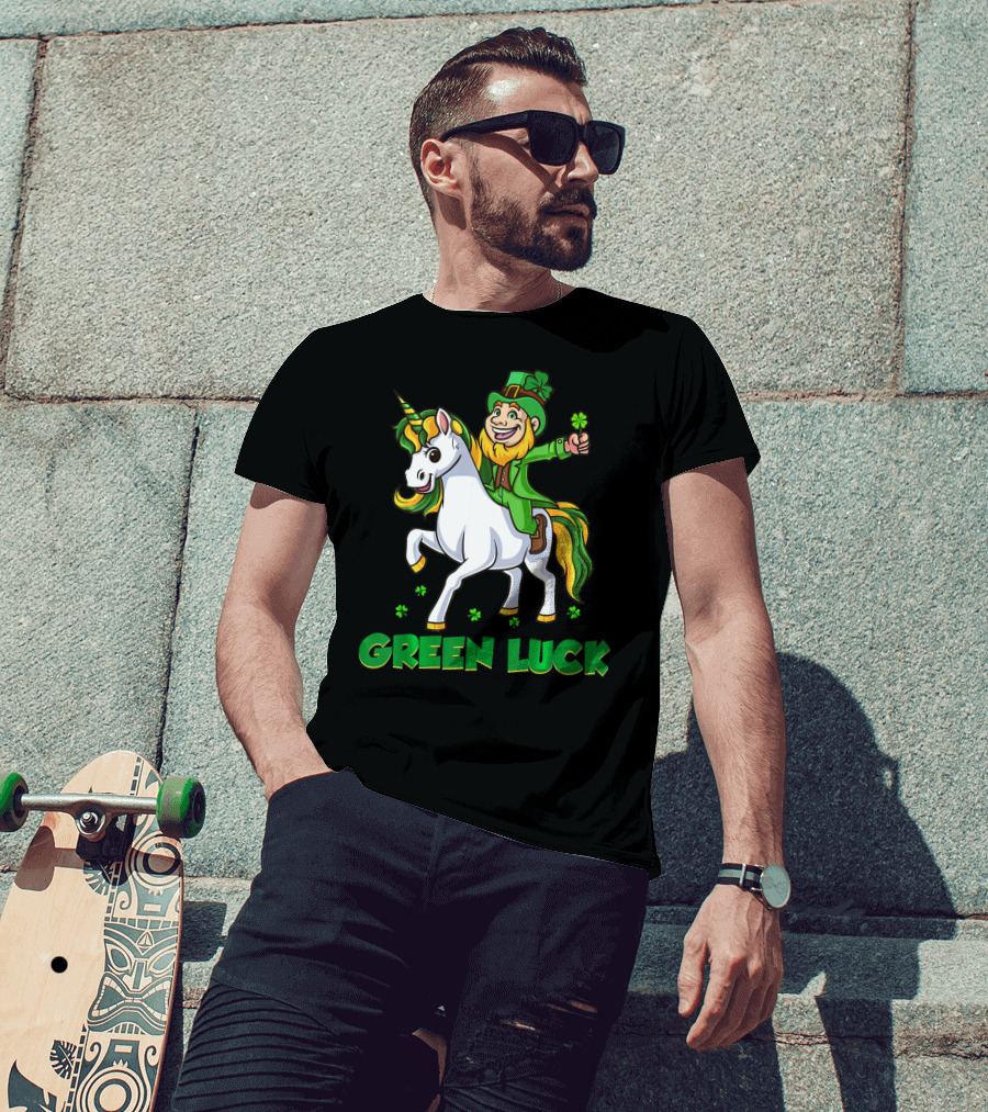 Green Luck Leprechaun Holding Shamrock Riding Unicorn T-Shirt