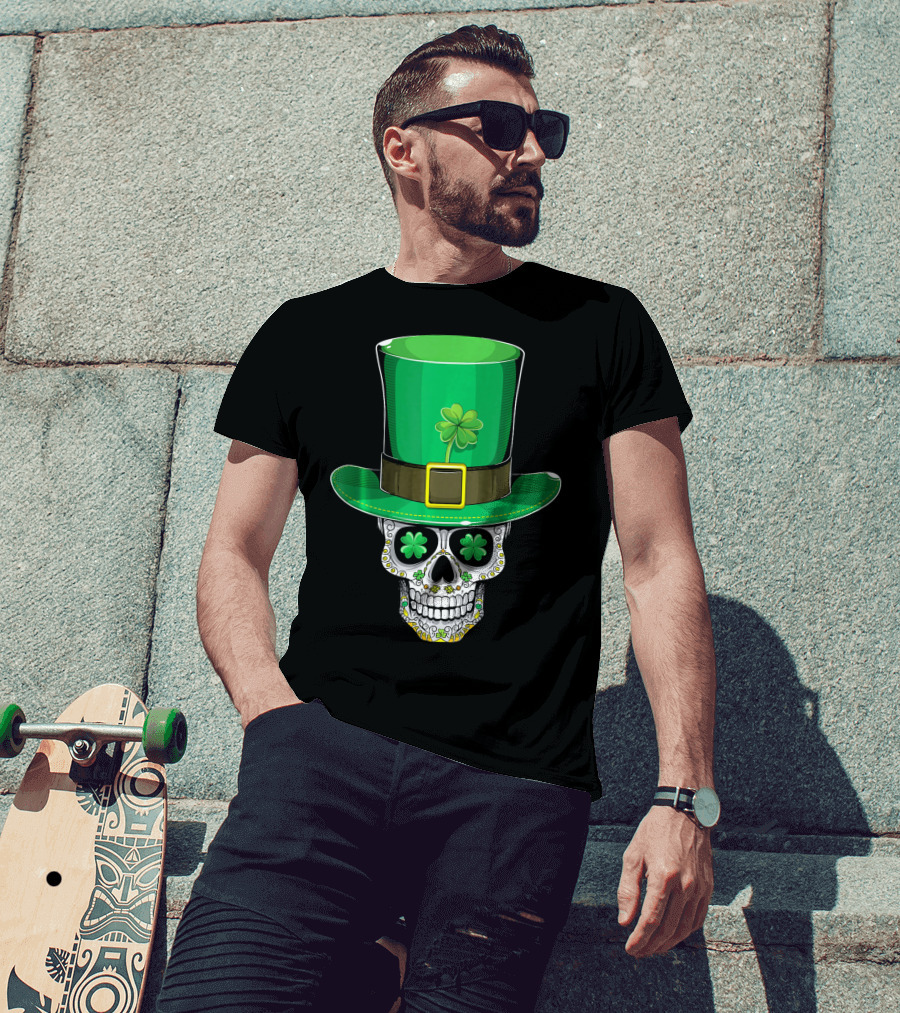 St Patricks Day Shamrock Sugar Skull Leprechaun T-Shirt