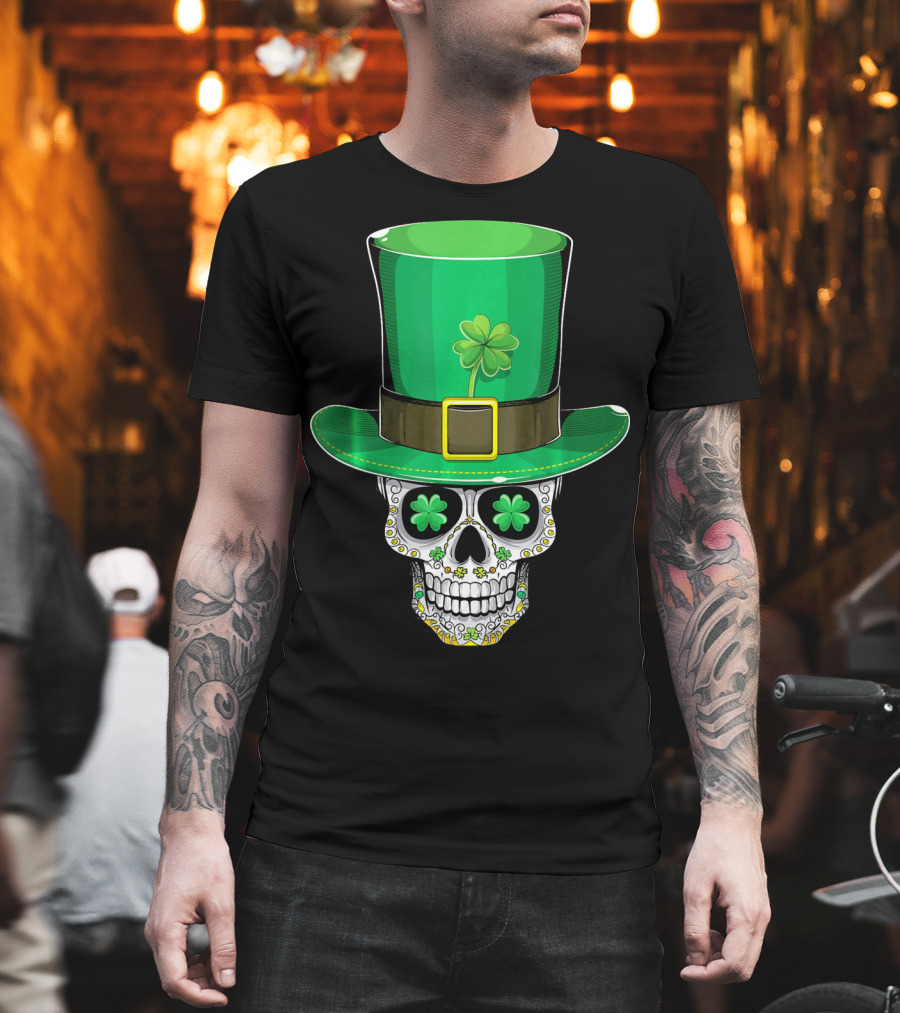 St Patricks Day Shamrock Sugar Skull Leprechaun T-Shirt