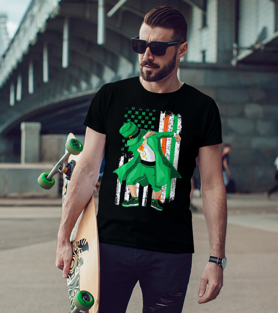 Dabbing Leprechaun With Shamrock And Irish American Flag Background T-Shirt