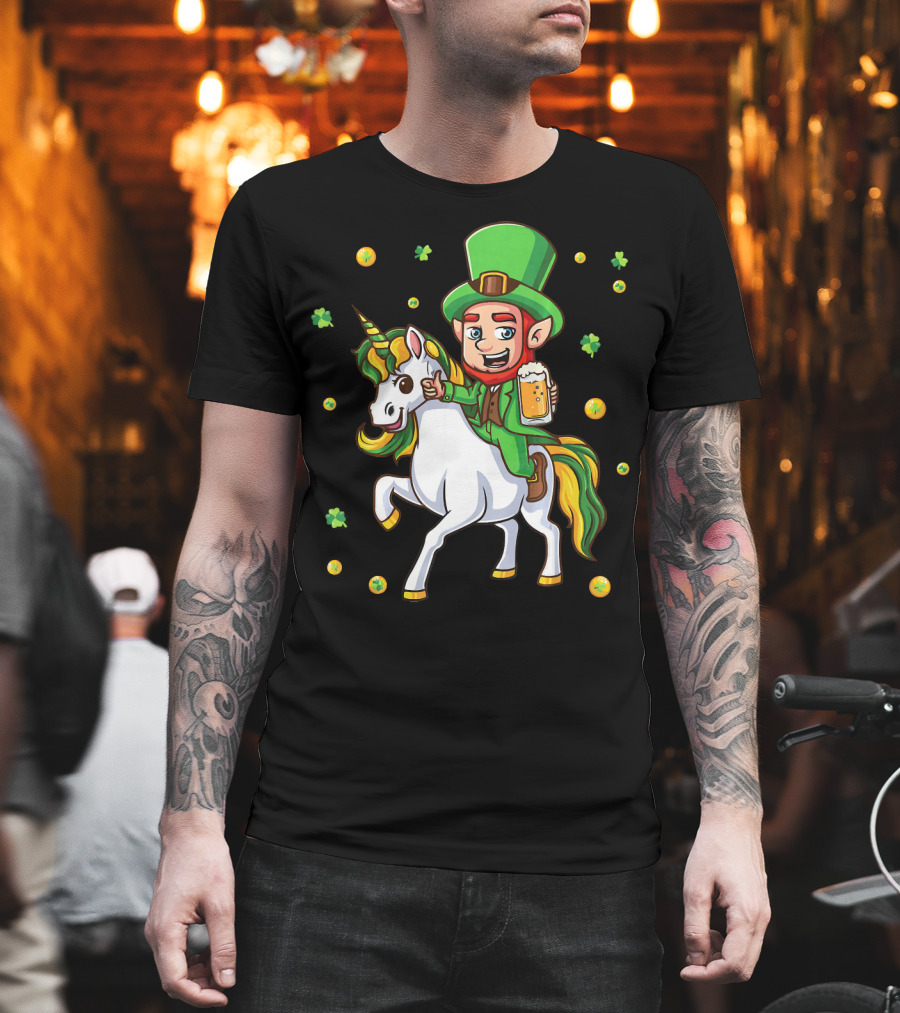 Leprechaun Drinking Beer with Unicorn Surrounded by Clovers and Coins T-Shirt
