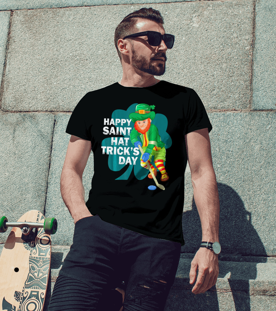 Happy Saint Hat Trick's Day Leprechaun Hockey Player Shamrock Ice T-Shirt
