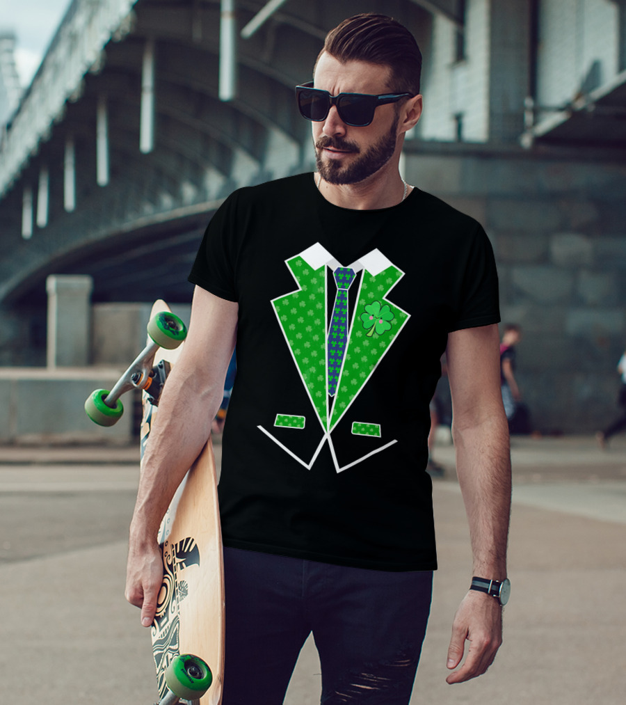 St. Patrick Day Shamrock Vest Tuxedo With Green Tie T-Shirt