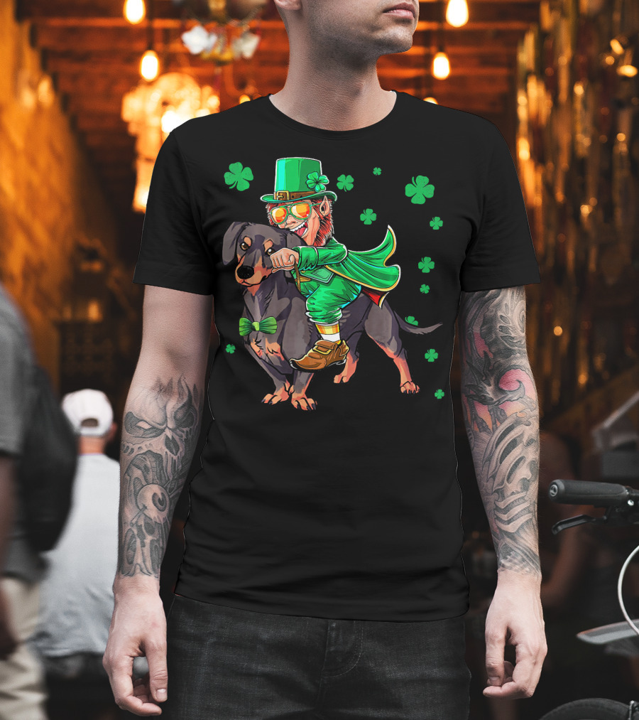 Leprechaun Riding Miniature Dachshund With Shamrocks T-Shirt