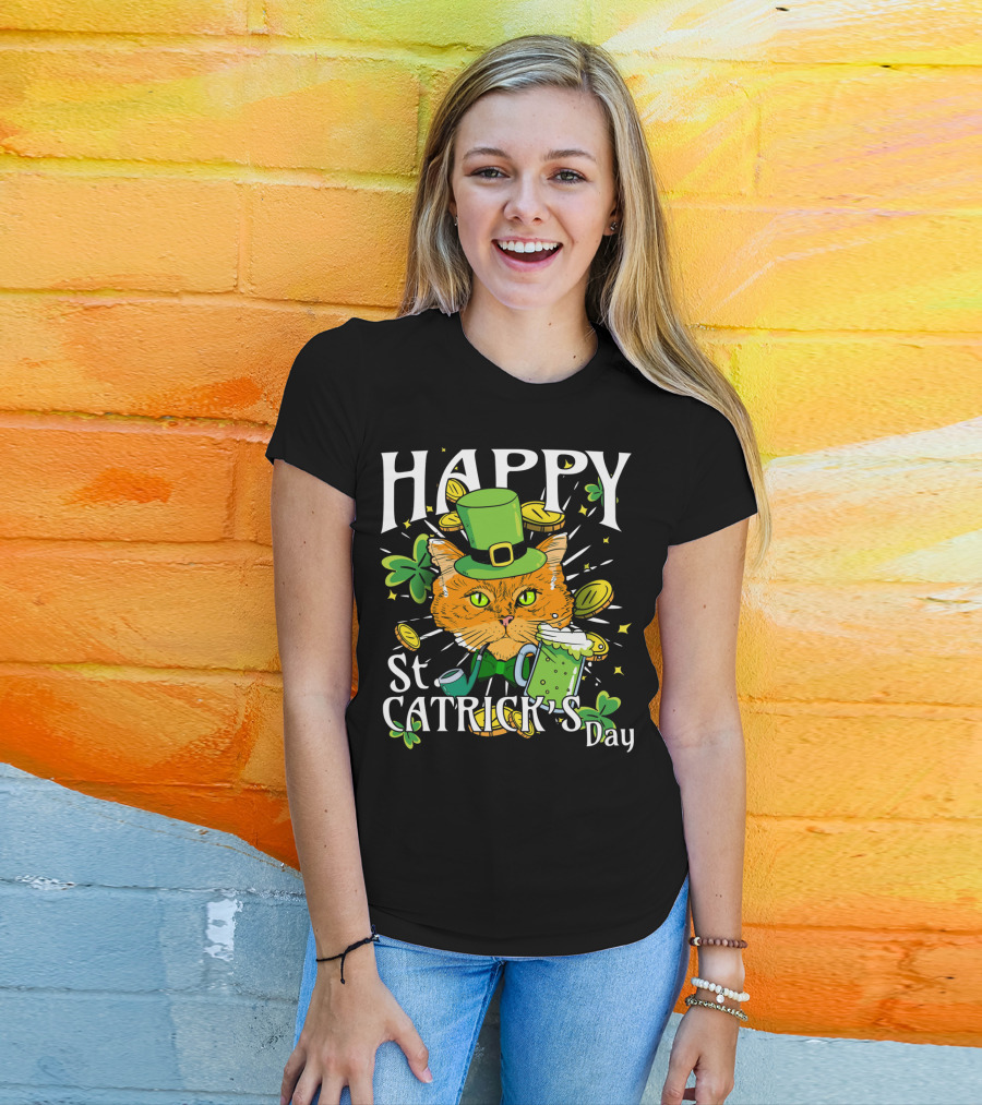Happy St. Catricks Day Funny St. Patrick Cat Clover Coins T-Shirt