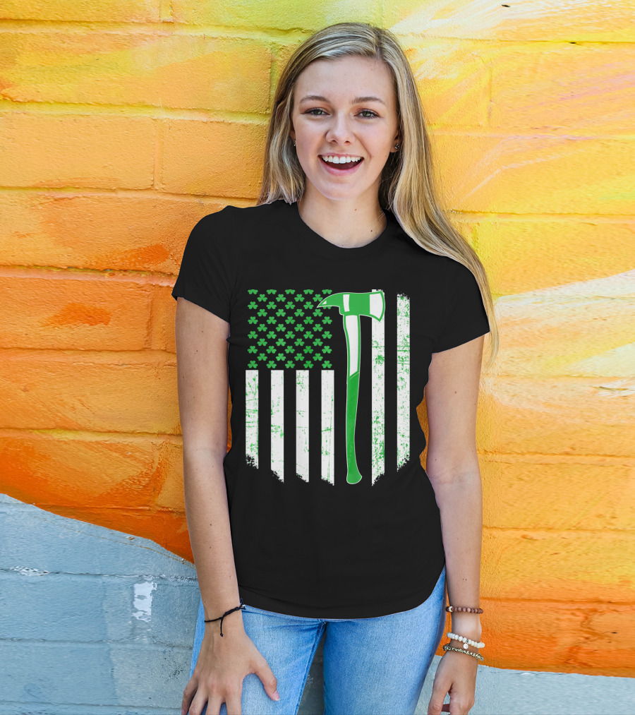 Irish Shamrock Flag Firefighter Axe T-Shirt
