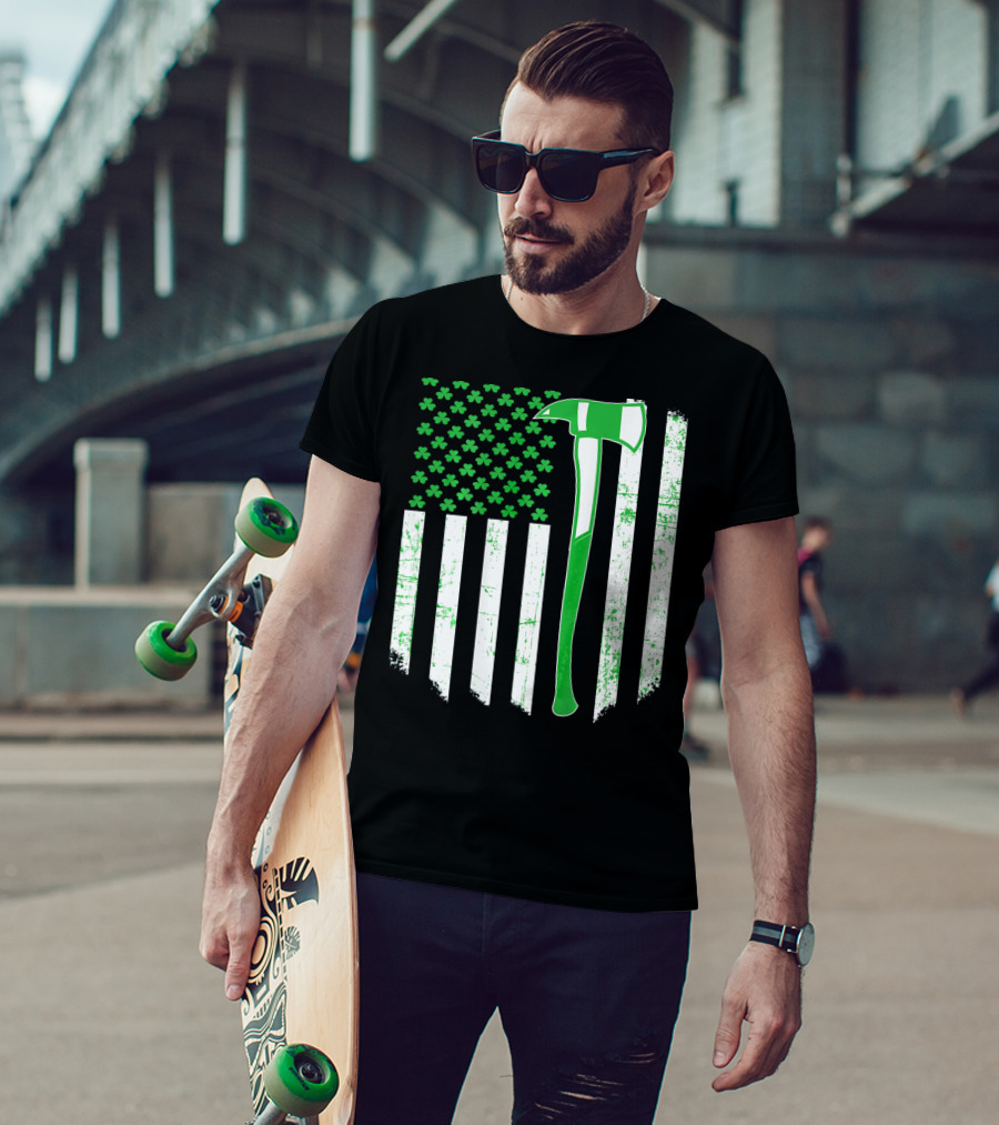 Irish Shamrock Flag Firefighter Axe T-Shirt