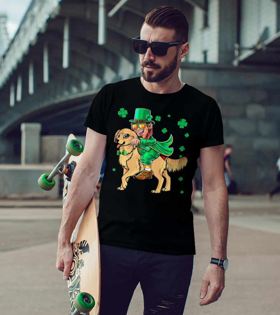 Leprechaun Riding Golden Retriever With Shamrocks T-Shirt