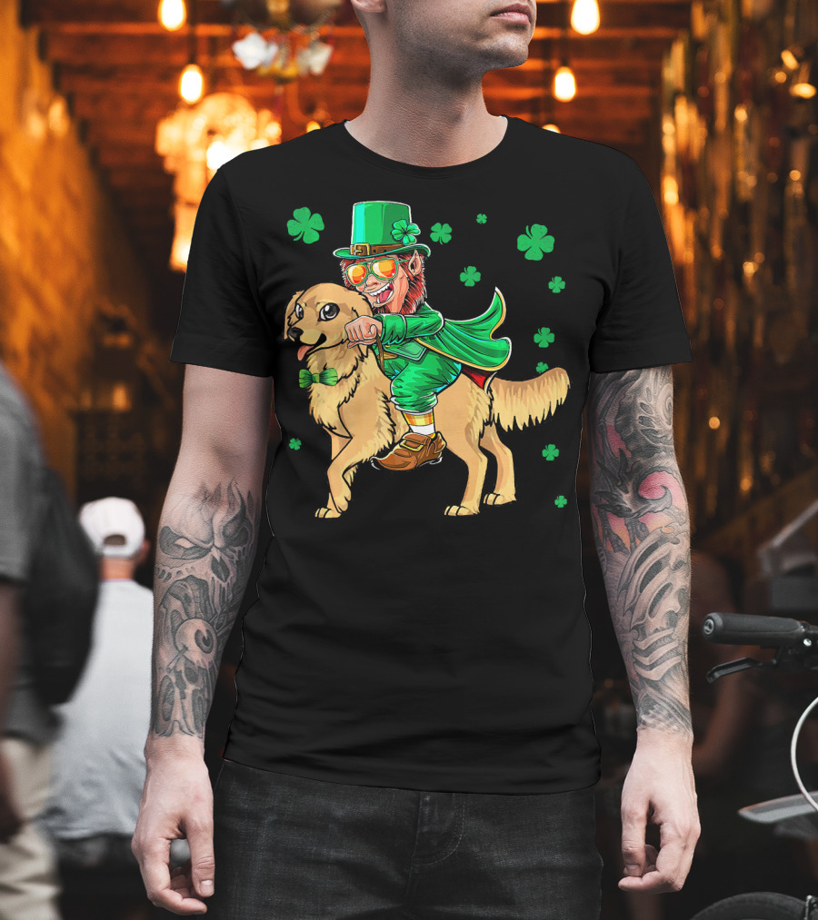 Leprechaun Riding Golden Retriever with Shamrocks T-Shirt