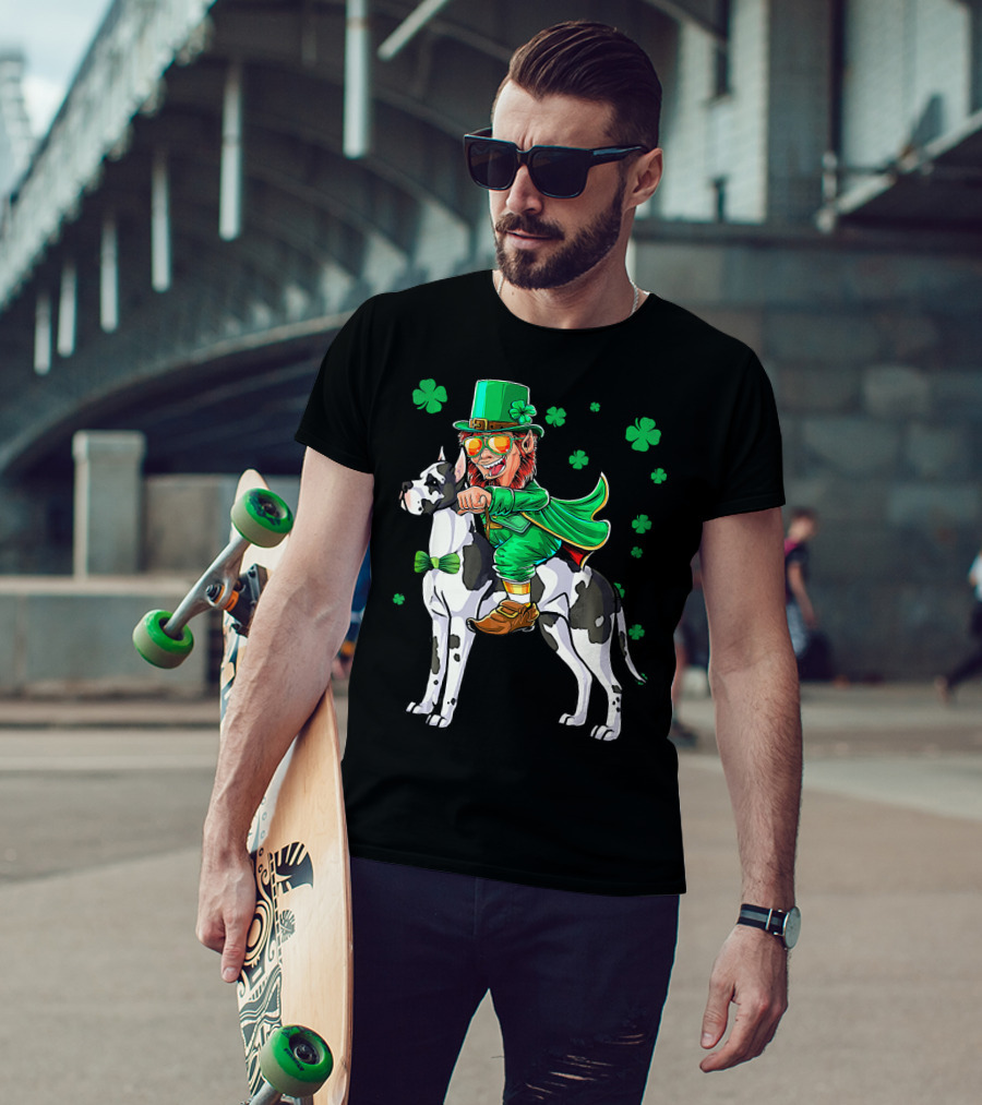 Leprechaun Riding Great Dane With Shamrocks St. Patri T-Shirt
