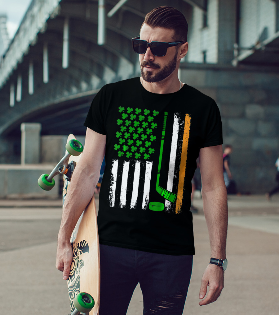 Hockey St Patricks Irish American Flag Shamrock Hockey Stick T-Shirt