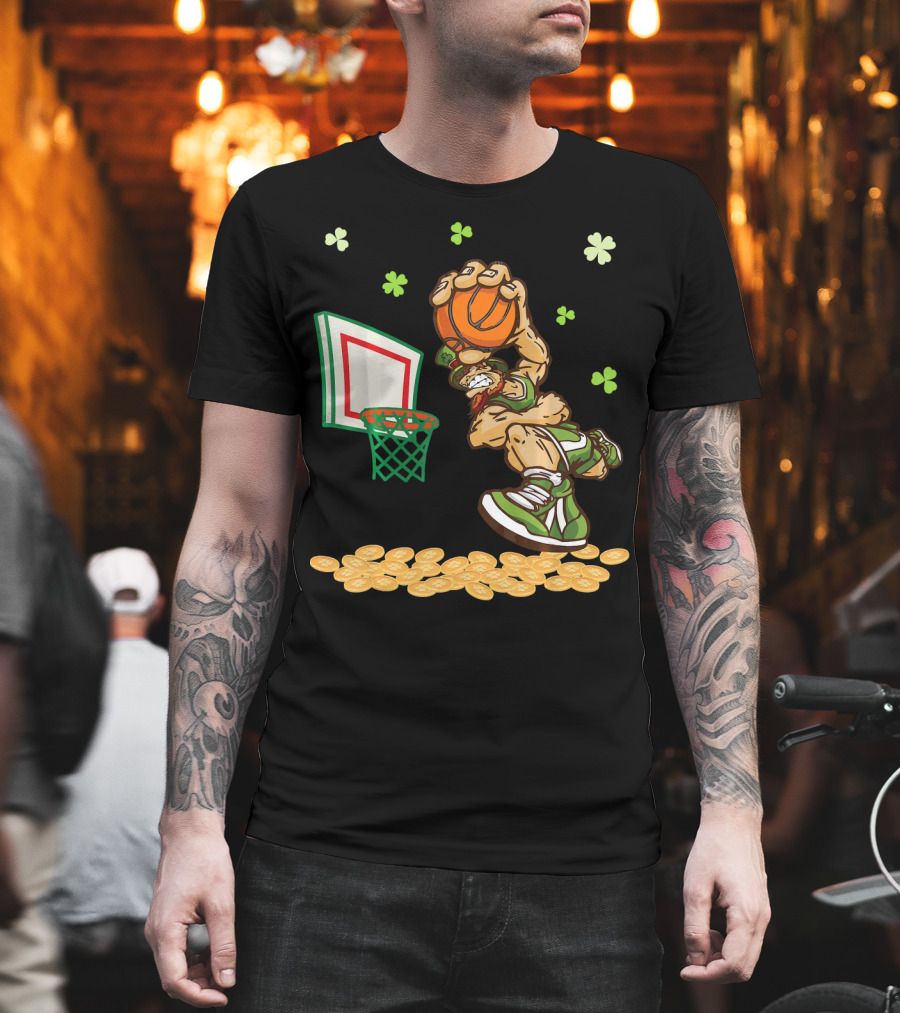 Leprechaun Dunking Basketball Surrounded By Shamrocks And Gold Coins T-Shirt