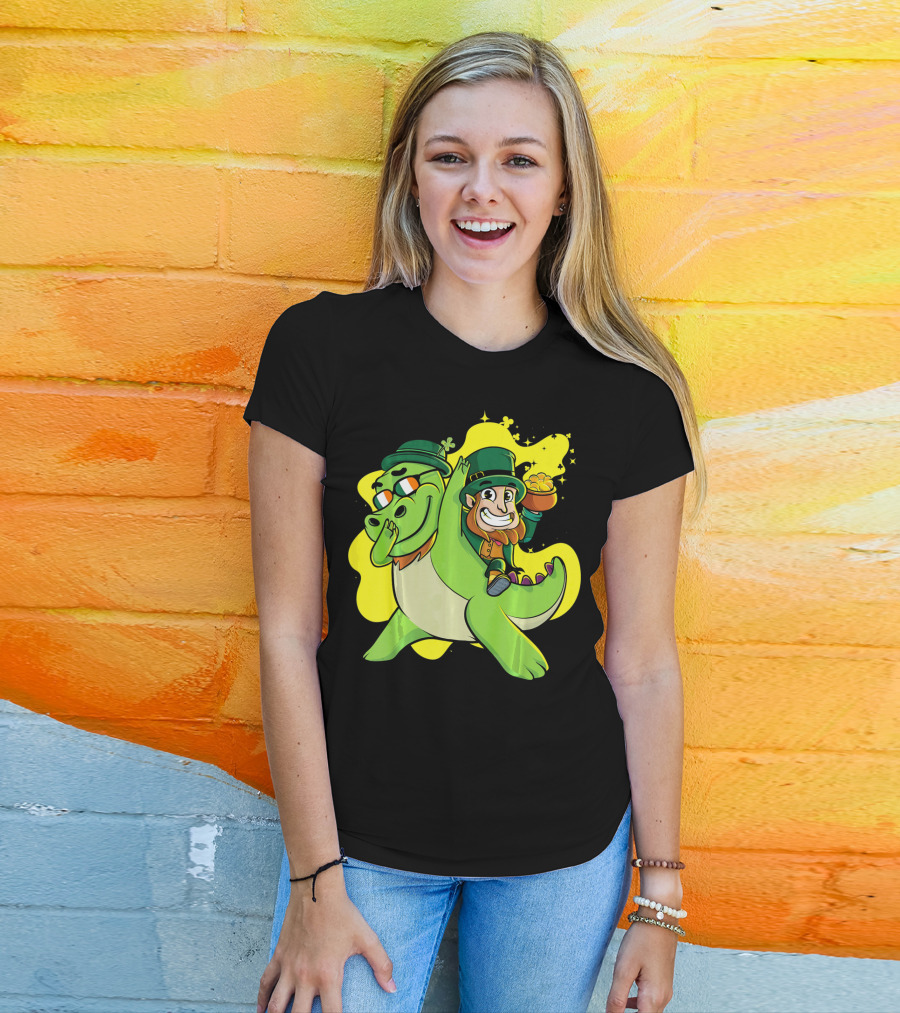 Dabbing Dinosaur And Leprechaun With Gold For St Patrick's Day T-Shirt