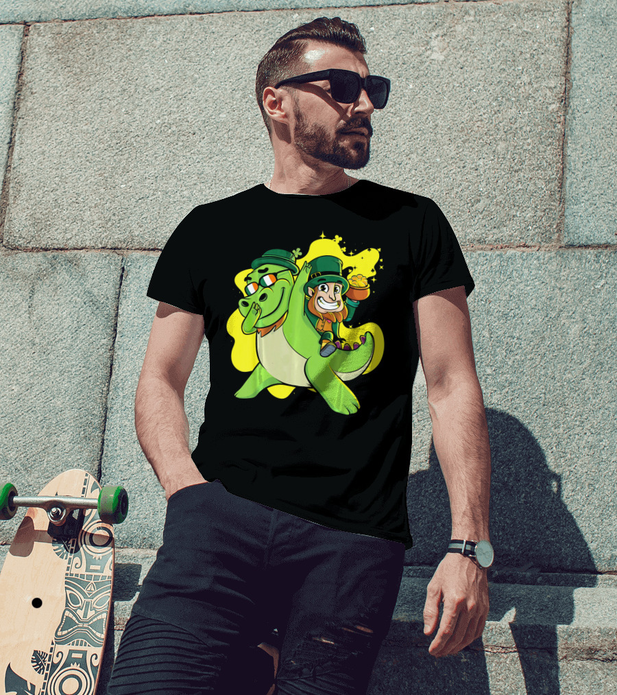 Dabbing Dinosaur And Leprechaun With Gold For St Patrick's Day T-Shirt
