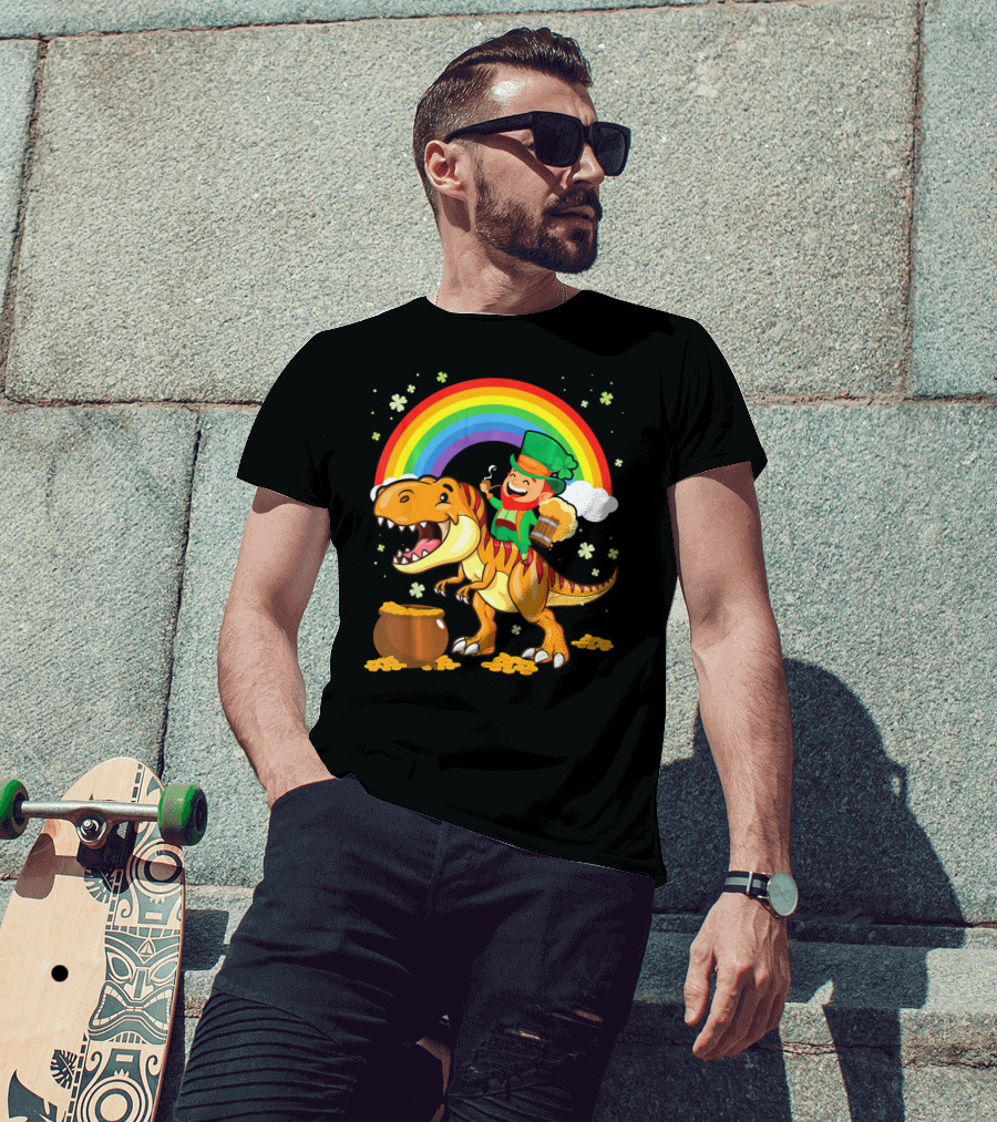 Leprechaun Drinking Beer Riding Dinosaur Under Rainbow With Pot Of Gold T-Shirt