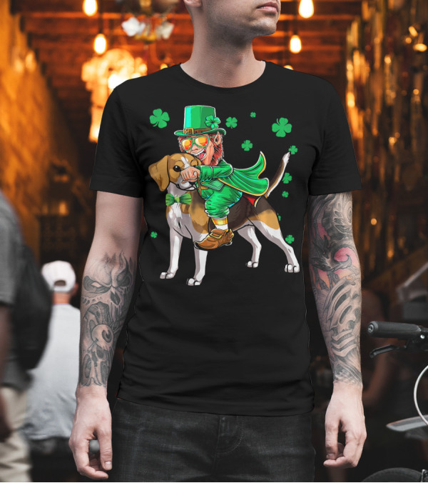 Leprechaun Riding Beagle with Shamrocks for St. Patrick's Day T-Shirt Leprechaun Riding Beagle with Shamrocks for St. Patrick's Day T-Shirt