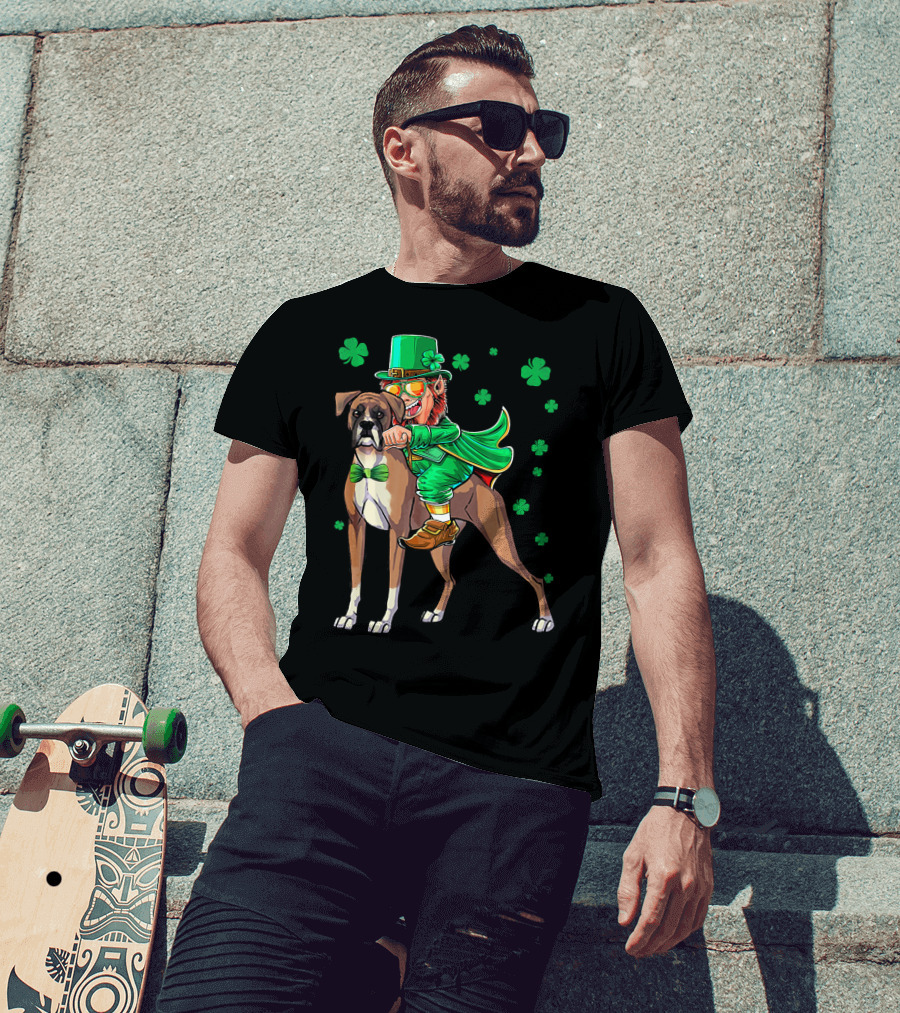 Leprechaun Riding Boxer Dog With Shamrocks St. Patrick's Day T-Shirt