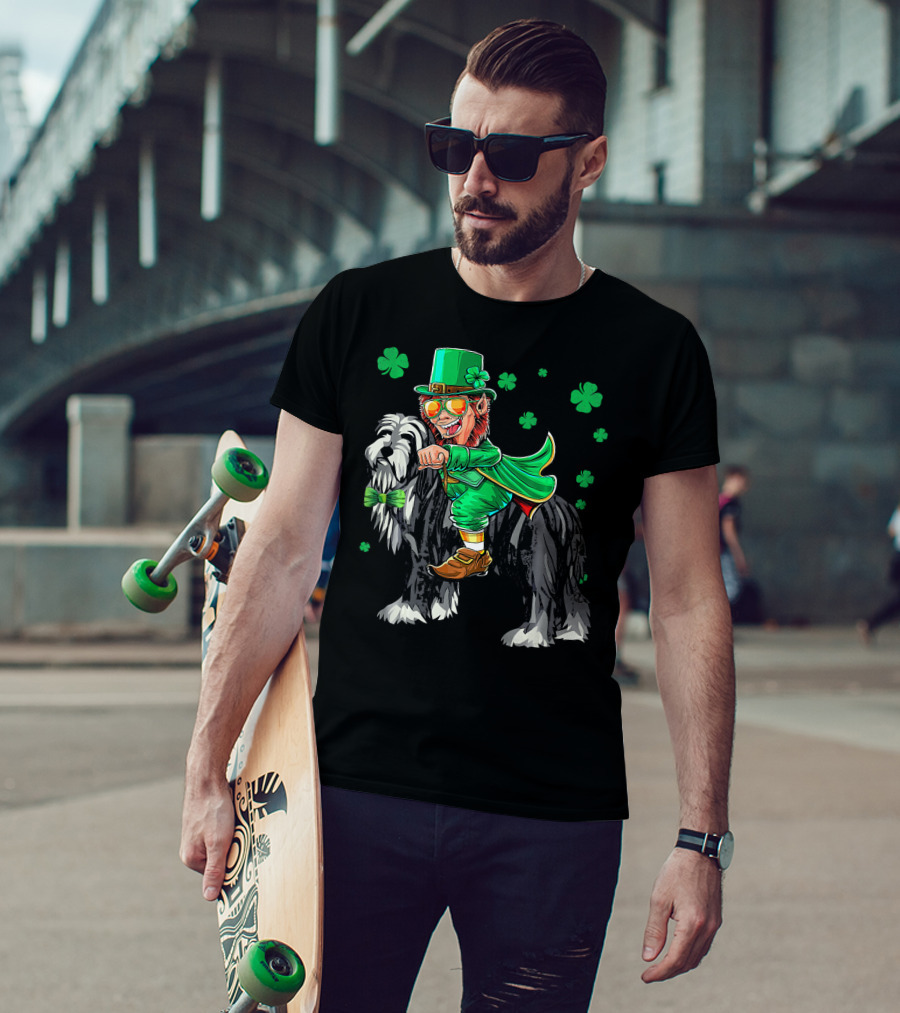 Leprechaun Riding Bearded Collie With Shamrocks T-Shirt