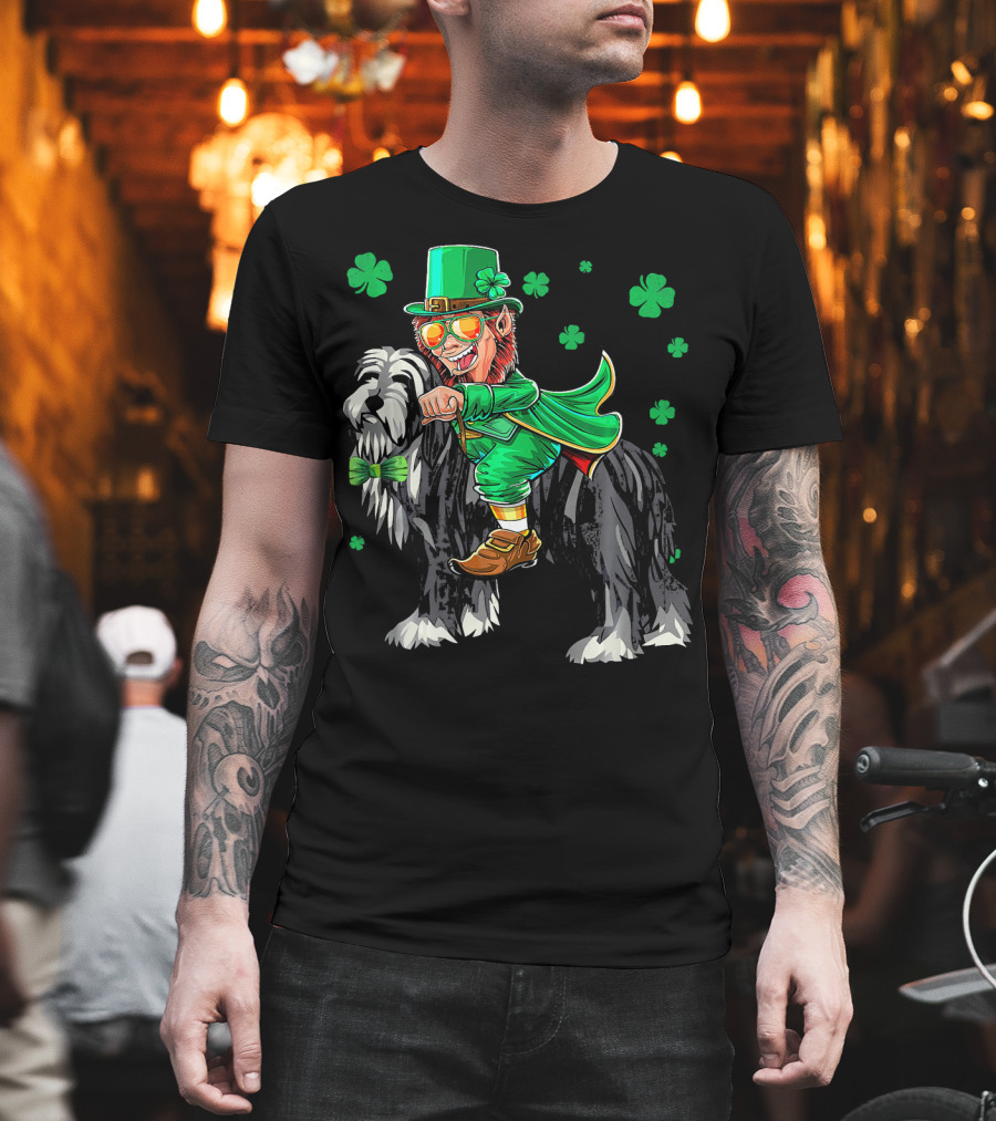 Leprechaun Riding Bearded Collie With Shamrocks T-Shirt