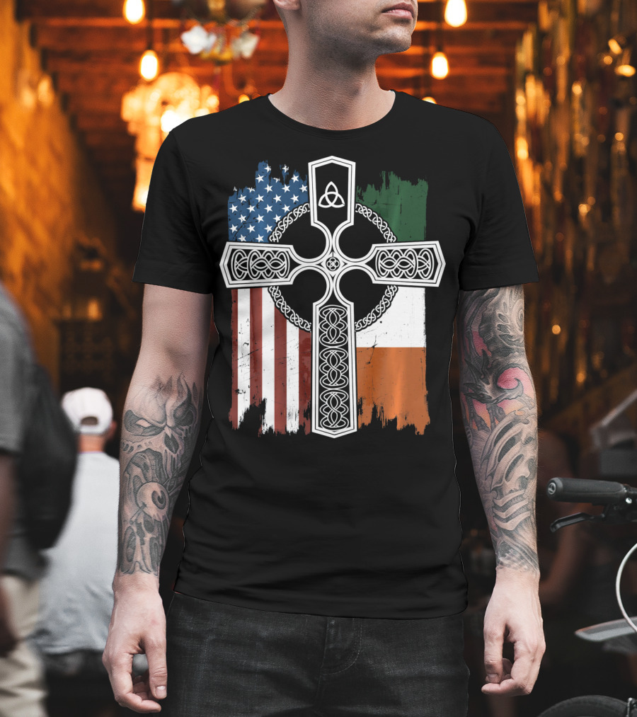 American Irish Flag Celtic Cross With Triquetra T-Shirt
