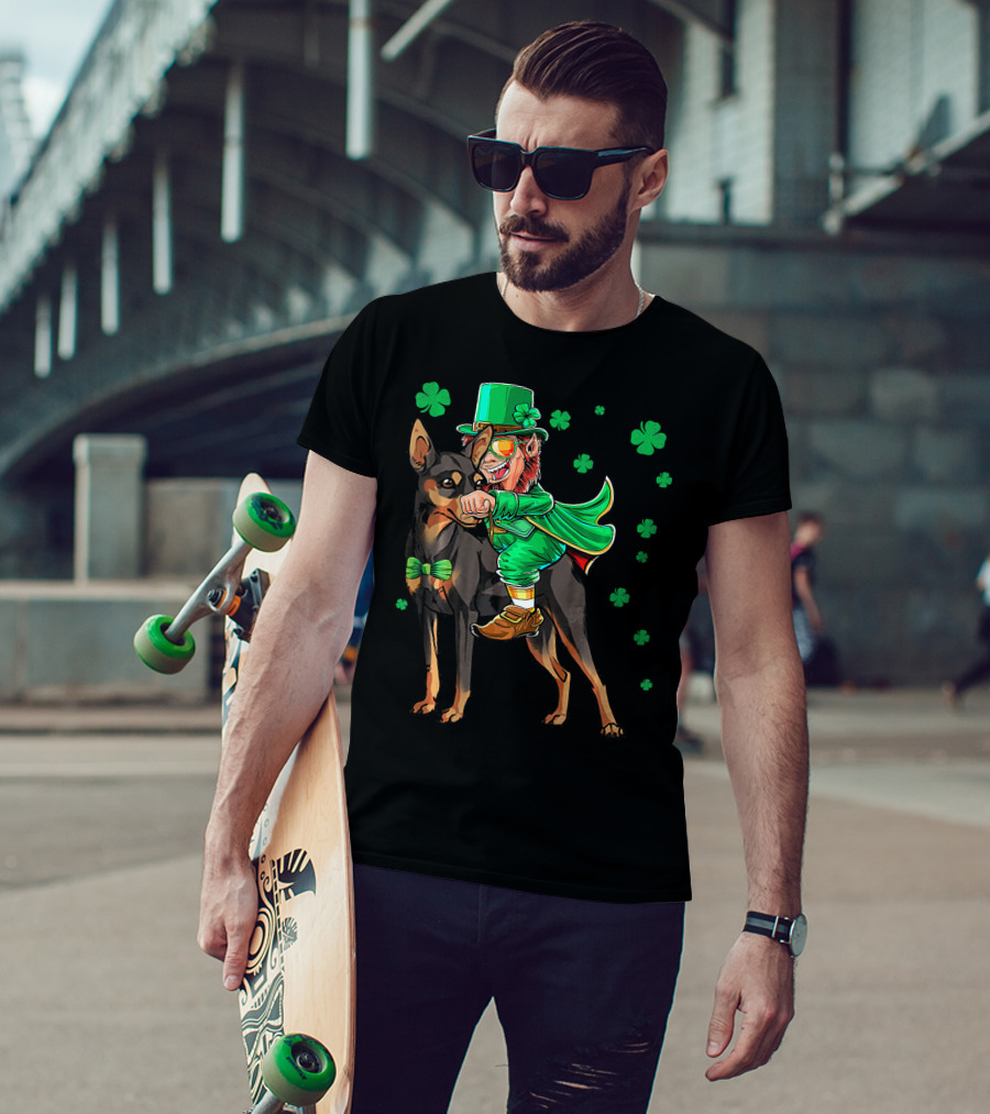 Leprechaun Miniature Pinscher Riding Shamrock Adventure T-Shirt