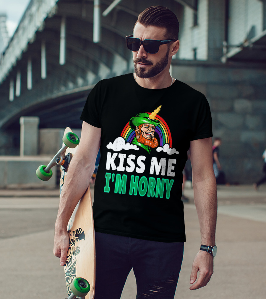 Kiss Me I'm Horny St Patricks Day Lepricorn Rainbow T-Shirt