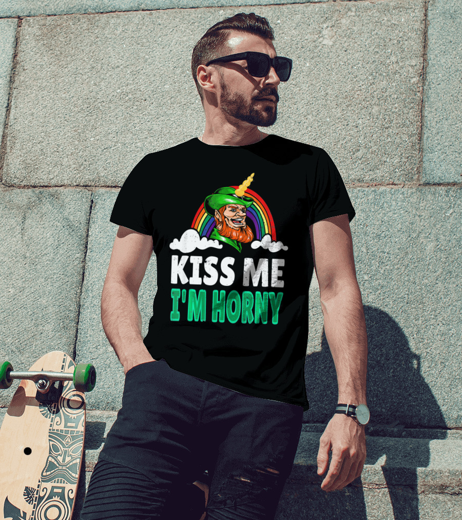 Kiss Me I'm Horny St Patricks Day Lepricorn Rainbow T-Shirt