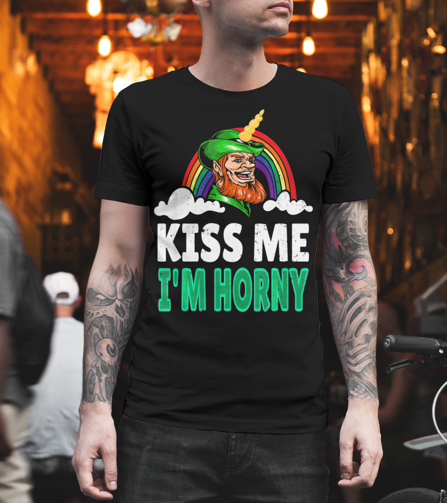 Kiss Me I'm Horny St Patricks Day Lepricorn Rainbow T-Shirt