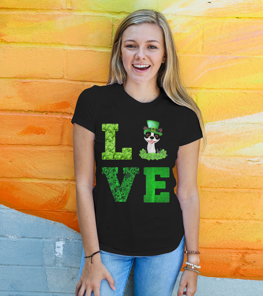 Love Boston Terrier St Patricks Day Clover Hat T-Shirt