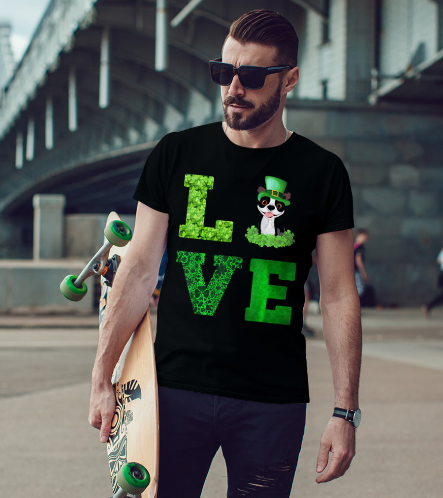 Love Boston Terrier St Patricks Day Clover Hat T-Shirt