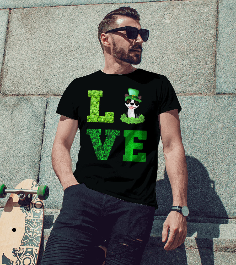 Love Boston Terrier St Patricks Day Clover Hat T-Shirt
