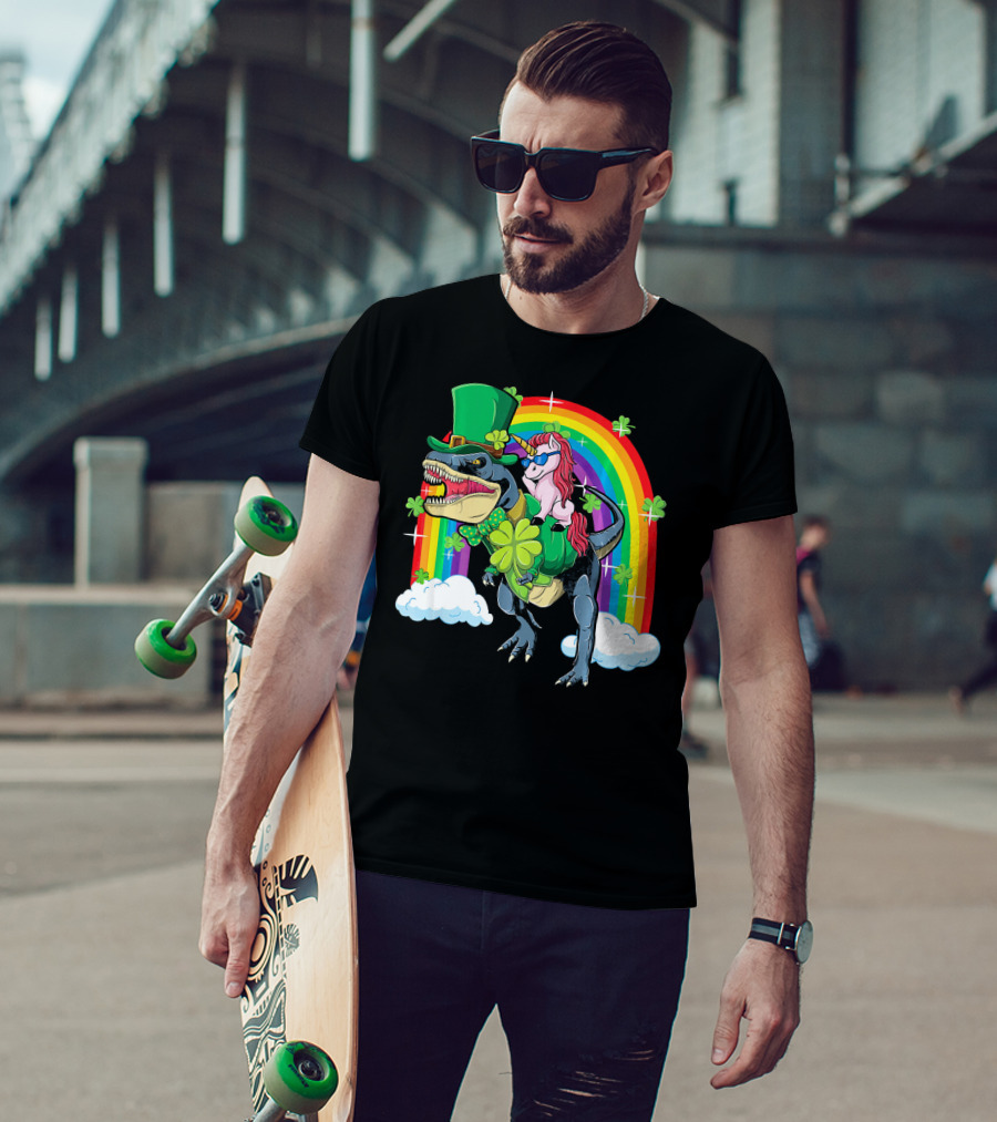 Unicorn Riding Dinosaur Leprechaun Rainbow Shamrocks T-Shirt