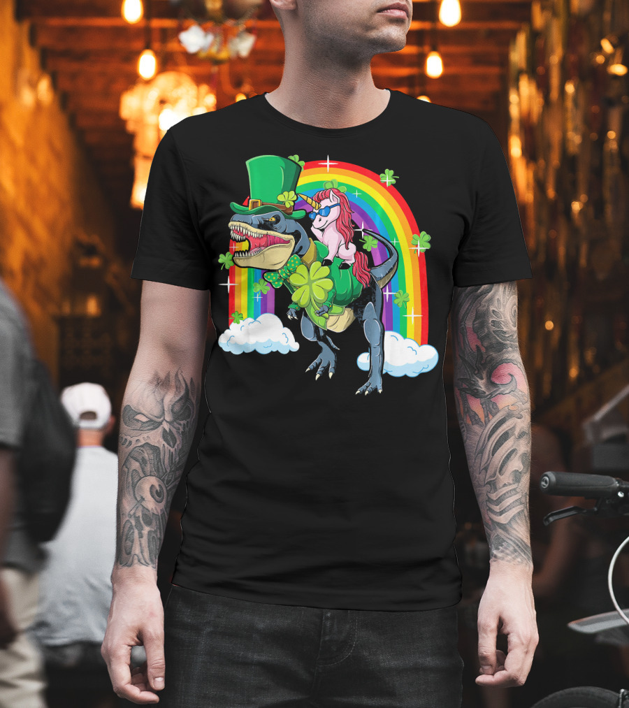 Unicorn Riding Dinosaur Leprechaun Rainbow Shamrocks T-Shirt
