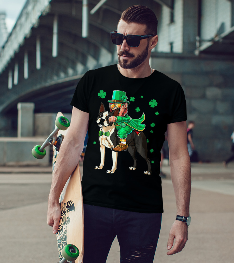Leprechaun Riding Boston Terrier With Shamrock Accents T-Shirt