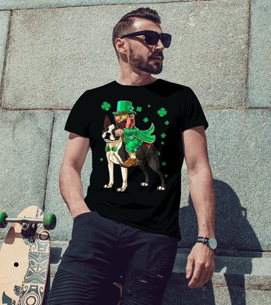 Leprechaun Riding Boston Terrier With Shamrock Accents T-Shirt