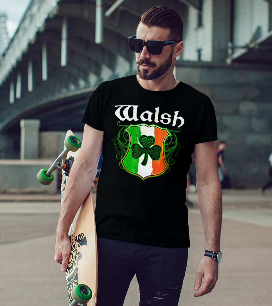 Walsh Surname Irish Shamrock Crest With Green White Orange Shield T-Shirt