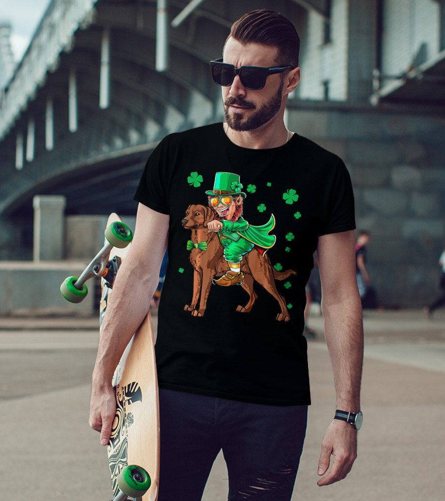 Leprechaun Riding Chesapeake Bay Retriever With Shamrocks T-Shirt