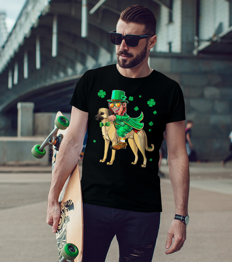 Leprechaun Riding Anatolian Shepherd With Shamrock Accents T-Shirt
