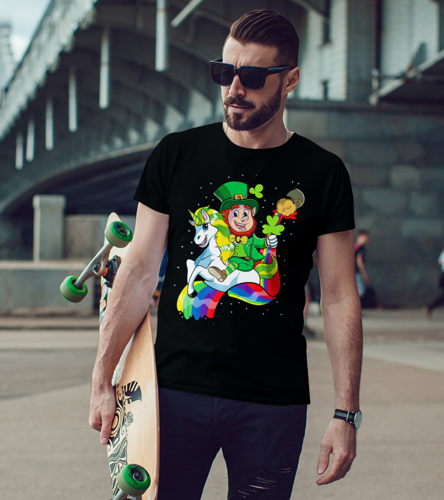 St Patricks Day Leprechaun Riding Unicorn With Rainbow Lucky Charms T-Shirt