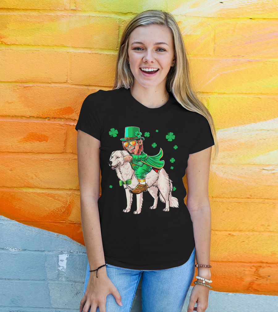 Leprechaun Riding Kuvasz Surrounded By Shamrocks For St. Patrick's Day T-Shirt