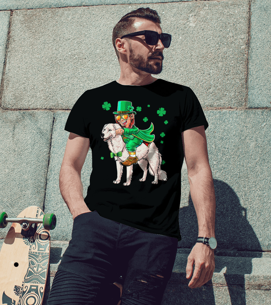 Leprechaun Riding Kuvasz Surrounded By Shamrocks For St. Patrick's Day T-Shirt