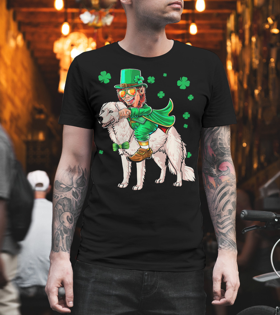 Leprechaun Riding Kuvasz Surrounded by Shamrocks for St. Patrick's Day T-Shirt