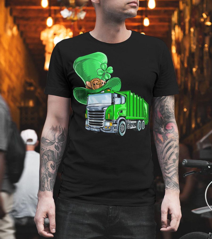 St Patricks Day Garbage Truck With Leprechaun Hat And Four-Leaf Clover T-Shirt