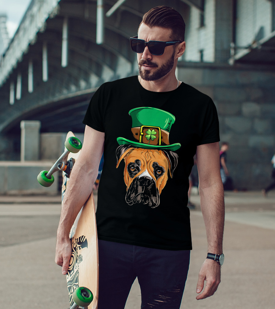 St. Patrick's Day Boxer Dog With Green Top Hat And Shamrock T-Shirt