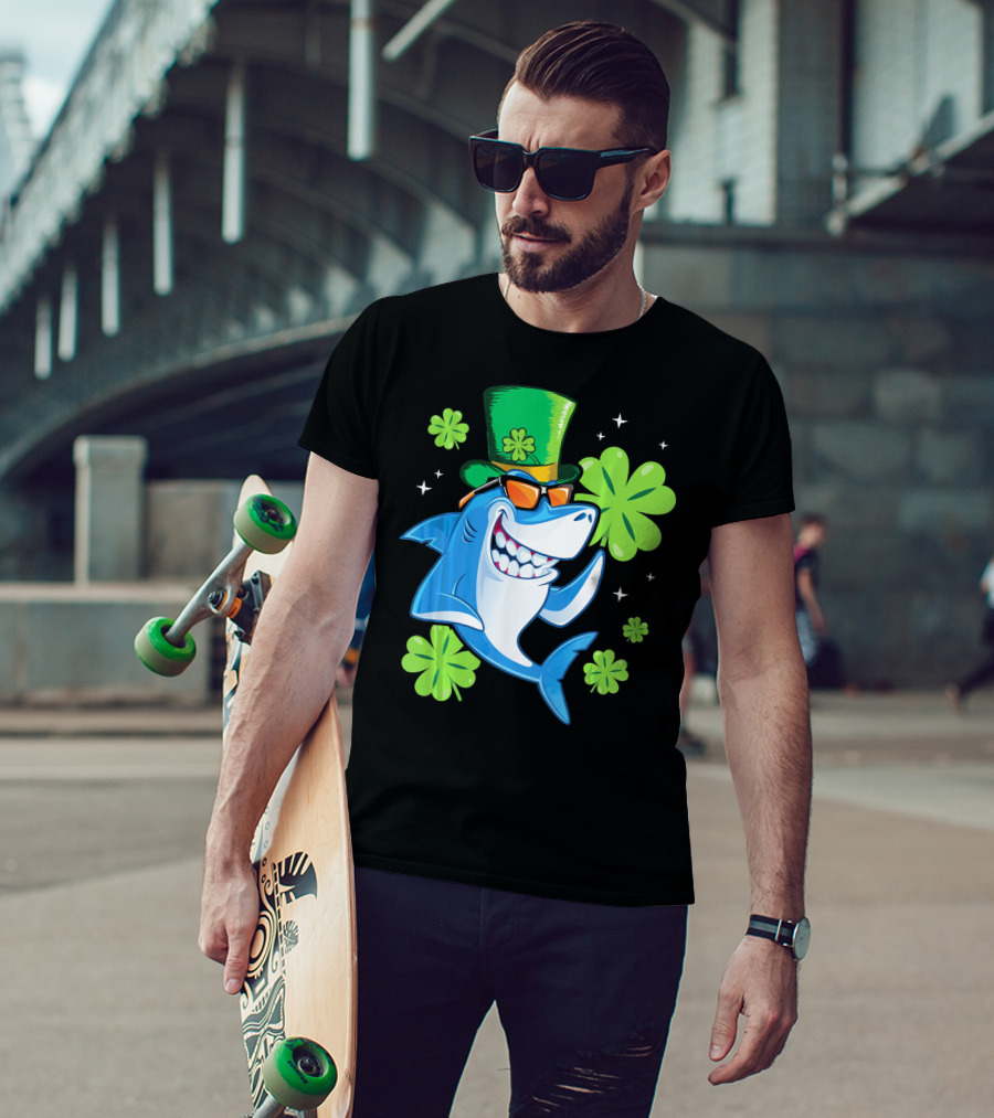St Patricks Day Shamrock Paddy Shark Top Hat Dancing With Four-Leaf Clovers T-Shirt