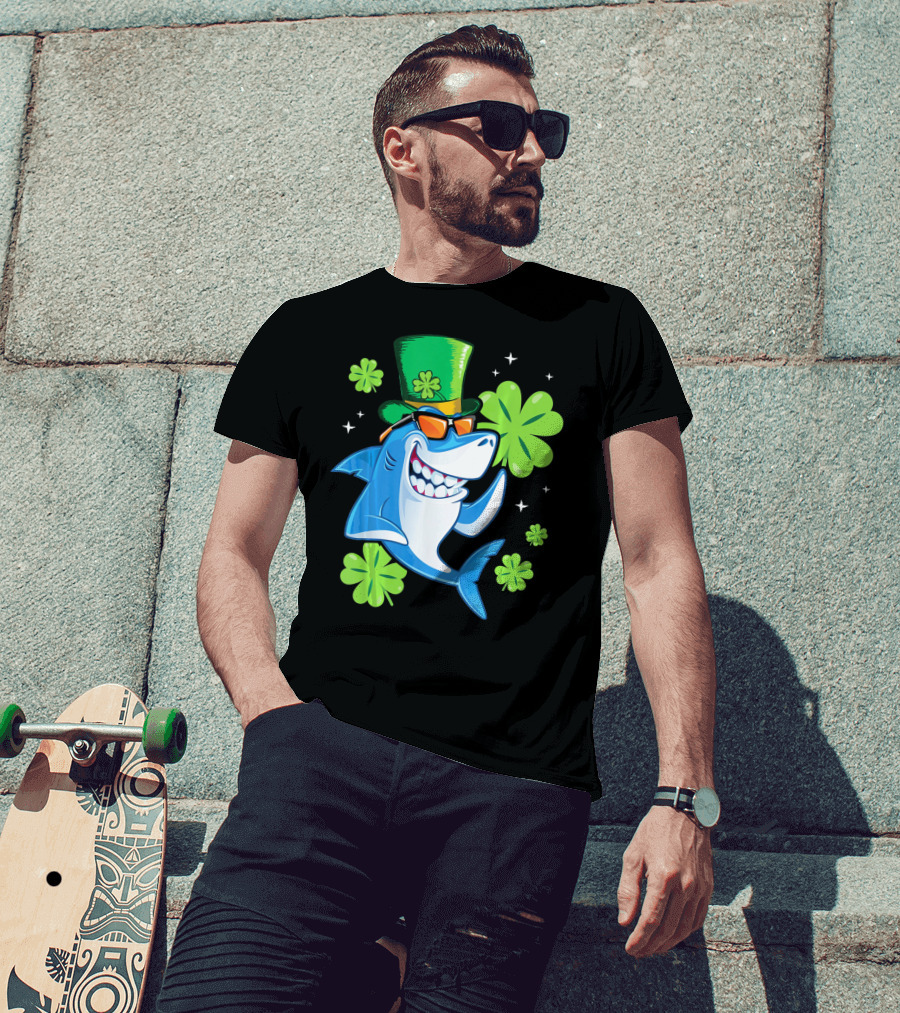 St Patricks Day Shamrock Paddy Shark Top Hat Dancing With Four-Leaf Clovers T-Shirt