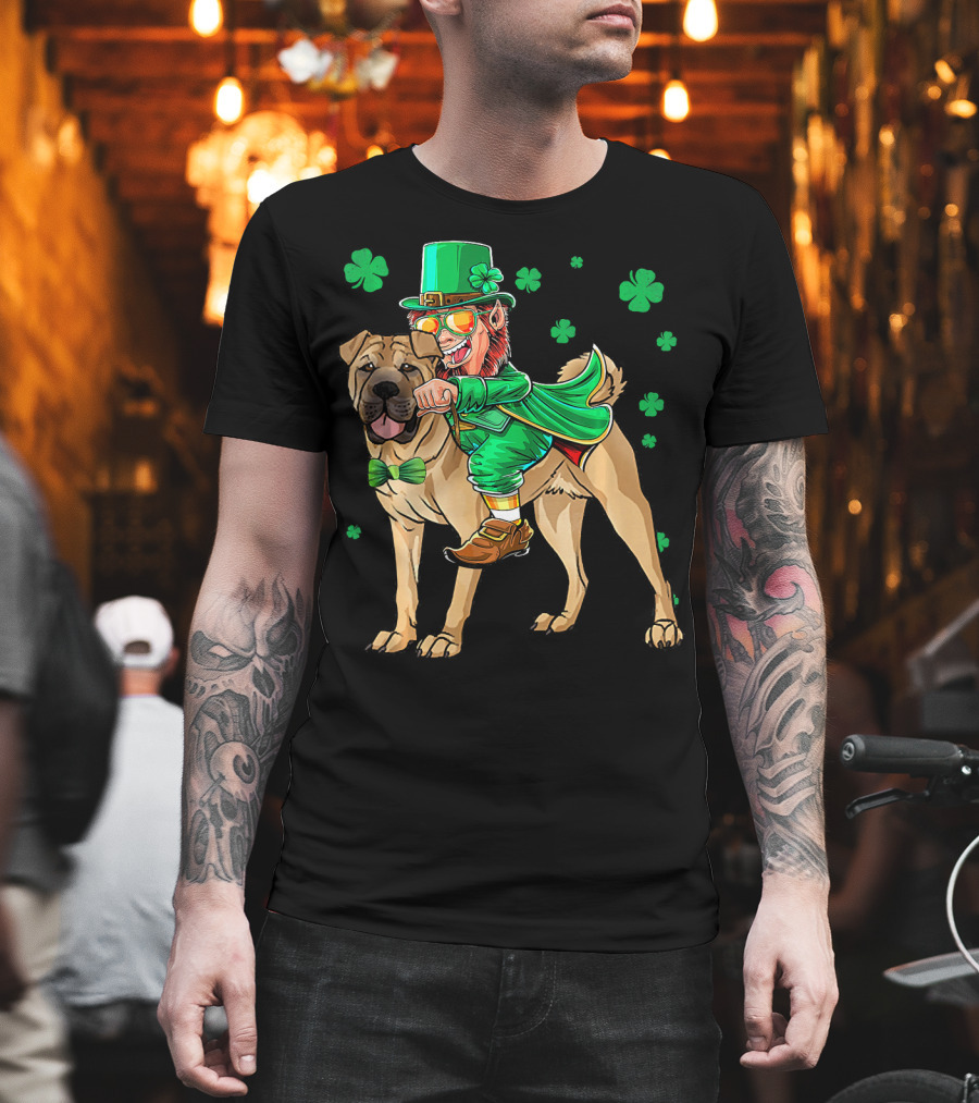 Leprechaun Riding Chinese Shar Pei with Shamrock Bowtie and Hat T-Shirt